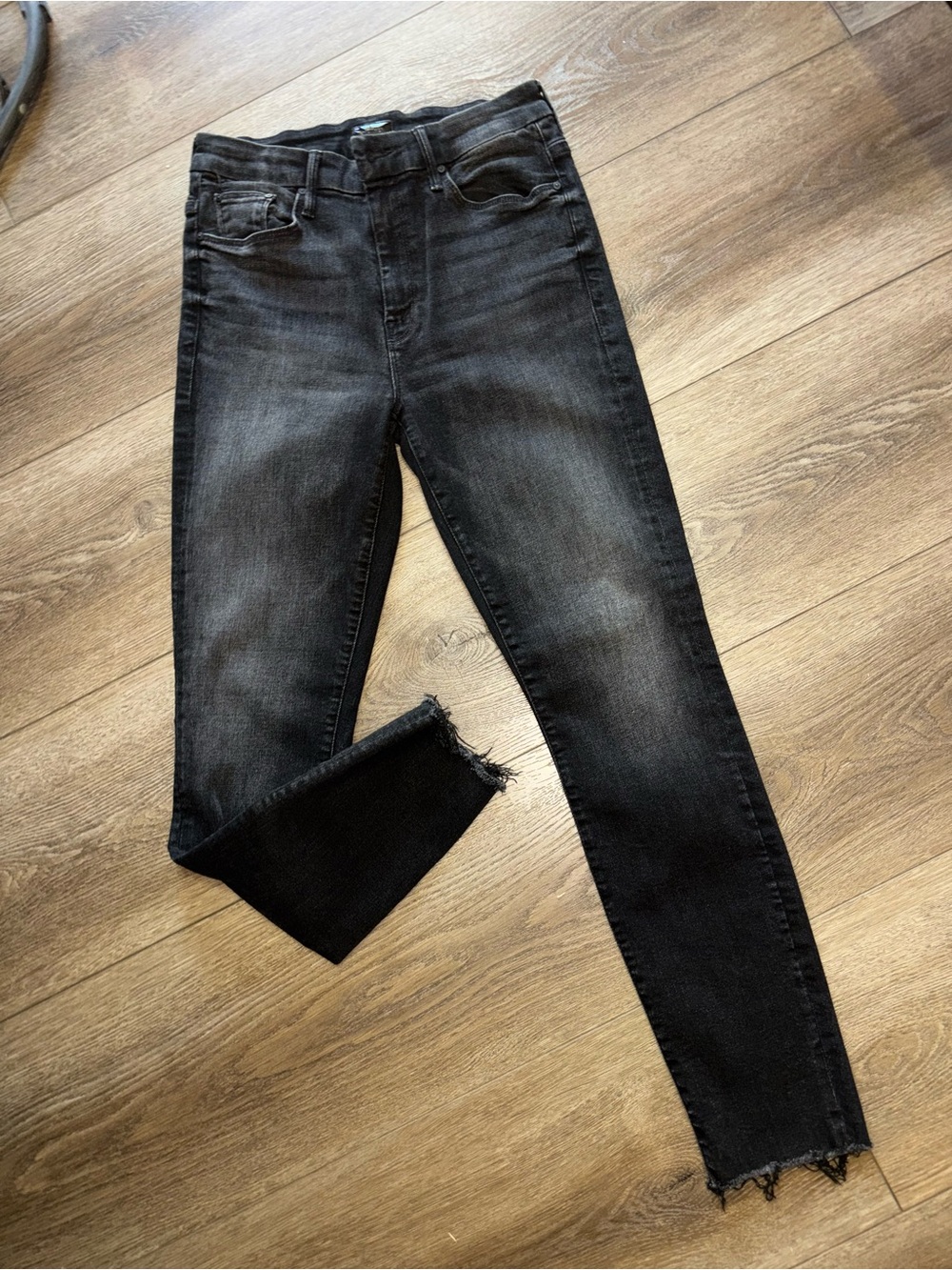 MOTHER Black Washed High-Rise Skinny Jeans with Raw Hem